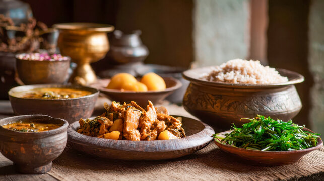 A traditional Nepalese feast of rice, curry, lentil soup and greens, home-cooked Newari food in rustic bowls