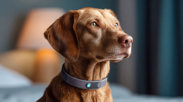 A brown dog wearing a smart GPS collar, a modern technological device for monitoring the health of pets