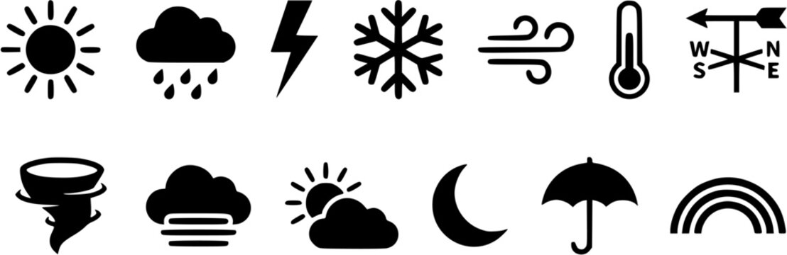 Set of black weather icons including sun, rain, storm, snow, wind, thermometer, wind vane, tornado, fog, moon, umbrella and rainbow