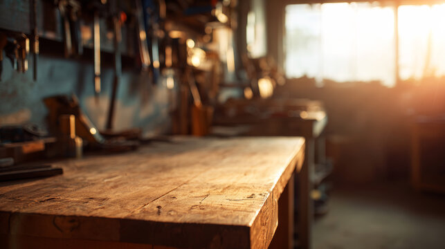 Wooden workbench surface in a workshop with blurred tools and warm sunlight, empty tabletop for product placement