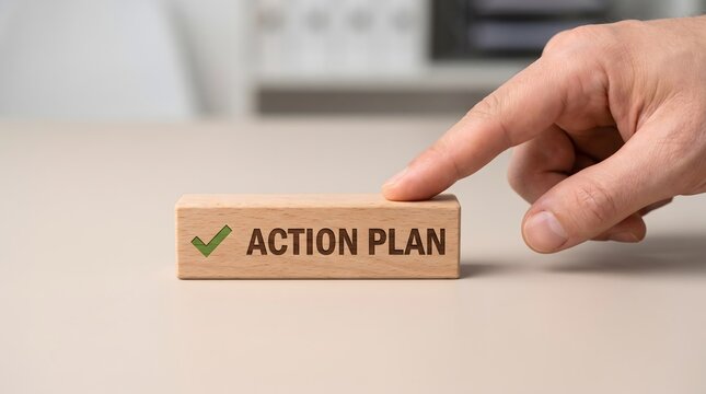 Man's finger touches wooden block with action plan text and checkmark