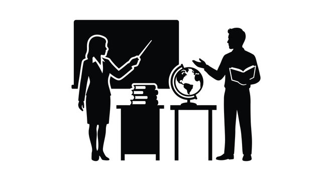 Teacher and student presenting in front of a chalkboard a black silhouette instructor educator professor learner