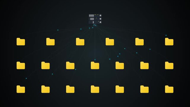 Central database server connecting to multiple directories and folders in 2d animation over dark background for file management system corporate data architecture and digital asset organization