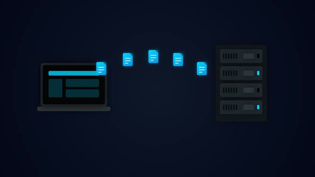 Laptop computer uploading blue digital documents to server stack storage rack in flat vector animation style over dark neon background for remote data sync backup and file sharing technology concept