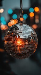 Obraz premium Disco ball shines brightly against a dark background with blurred lights creating a vibrant setting for a party atmosphere and celebration