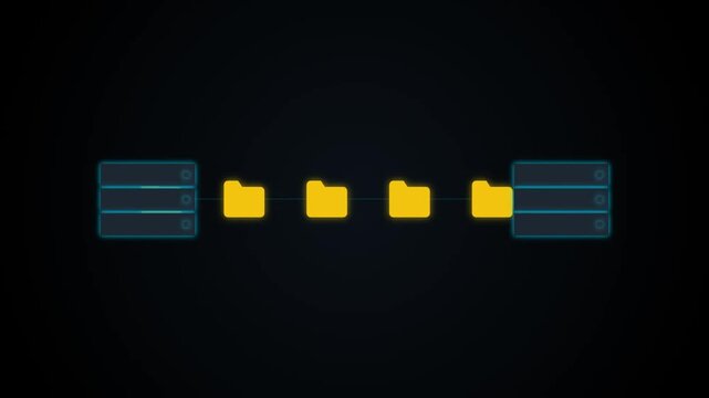 directory folders moving from one server unit to another through illuminated wireframe connections over dark backdrop for secure server migration digital data relocation and mainframe maintenance