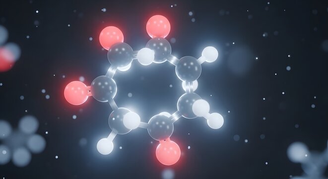Molecular structure visualization of a cyclohexane ring with glowing atoms, representing chemical bonds and organic compounds in a scientific context