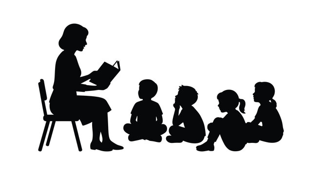 Teacher reading to children in a classroom setting depicted as a black silhouette kids students education
