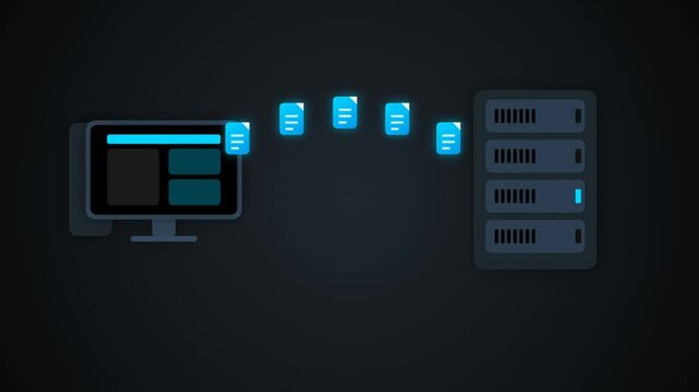 Desktop workstation computer tower transmitting files to network server rack array for local backup system office data sync and file sharing infrastructure