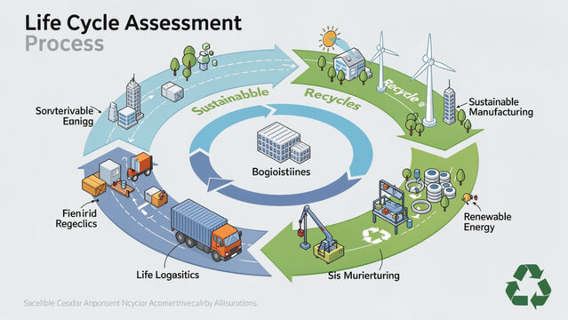 Life Cycle Assessment infographic illustrating sustainable process with renewable energy, recycling, and eco-friendly logistics in eco-friendly colors