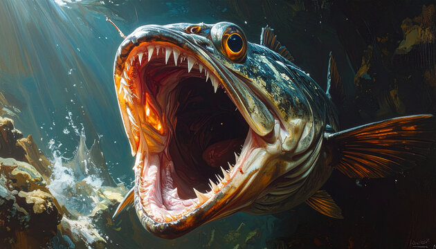 Fierce predator fish with open mouth and sharp teeth underwater