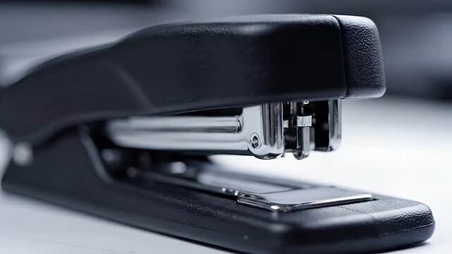 Closeup shot of a black office stapler on a desk.