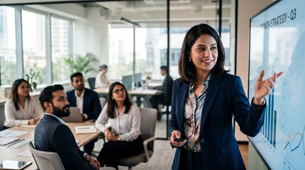 Naklejka premium Boardroom presentation by professional businesswoman using touchscreen display to present growth strategy while diverse colleagues listen attentively and take notes