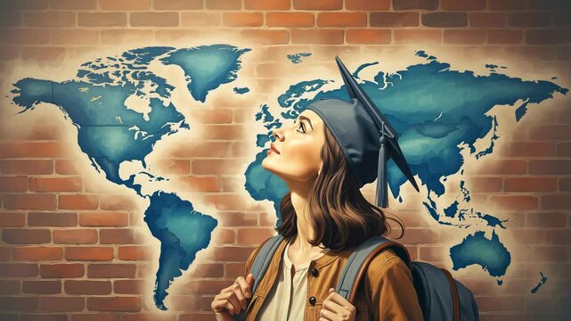 Hopeful graduate wearing cap and backpack looking at glowing world map inspiring future success and global opportunities