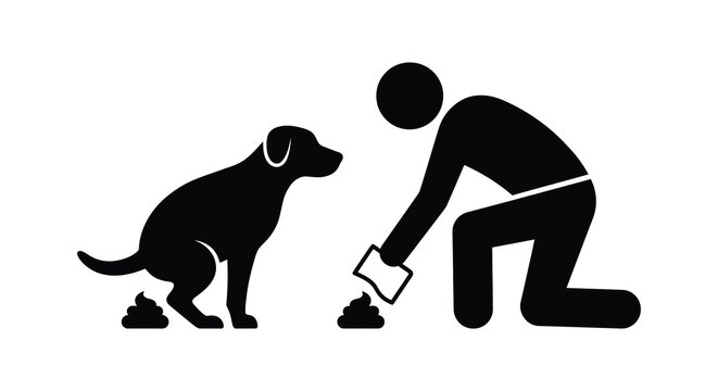 Dog defecating and owner picking up waste a black silhouette against a white background silhouette canine