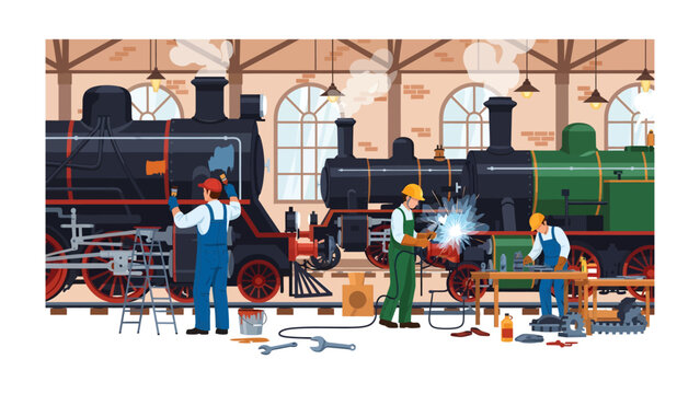 Train Repair Workshop: A vibrant illustration of a busy train repair workshop, where mechanics in hard hats meticulously work on vintage steam locomotives.
