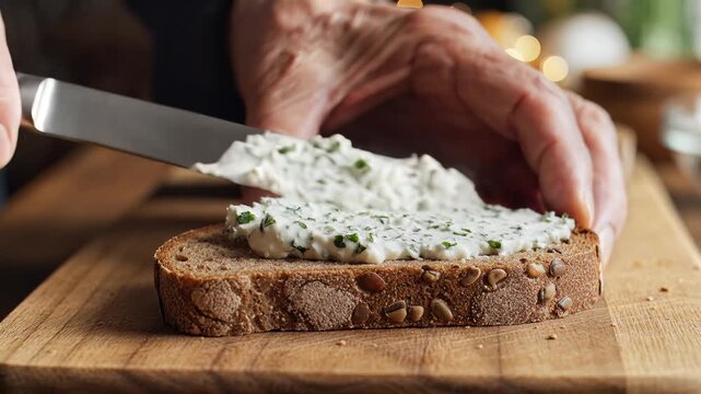 Spreading herb cream cheese on slice of sourdough bread with knife