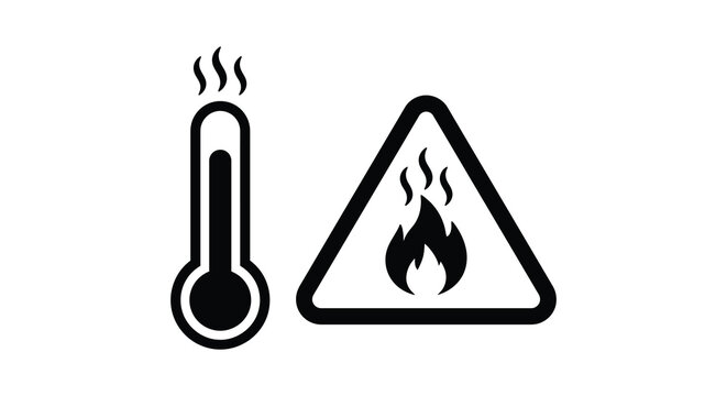 Thermometer and warning sign with flames depicted as a black silhouette temperature heat hot danger hazard