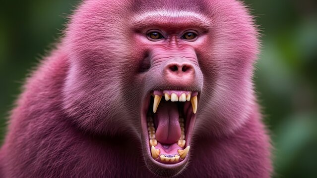 Vibrant pink primate unleashes a formidable roar, sharp fangs prominently displayed, capturing the raw intensity of the wild jungle animal in a dramatic close-up
