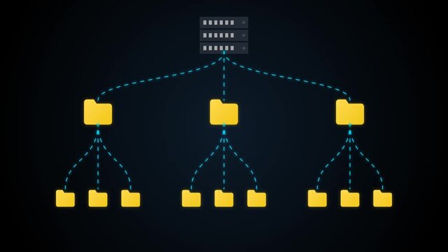Central database server spreading connection lines to multiple folders and subfolders in radial tree diagram layout over dark background for network directory mapping and file system architecture