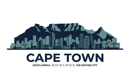 Obraz premium Cape Town South Africa Skyline Illustration with Table Mountain and Modern Coastal City Vector Design