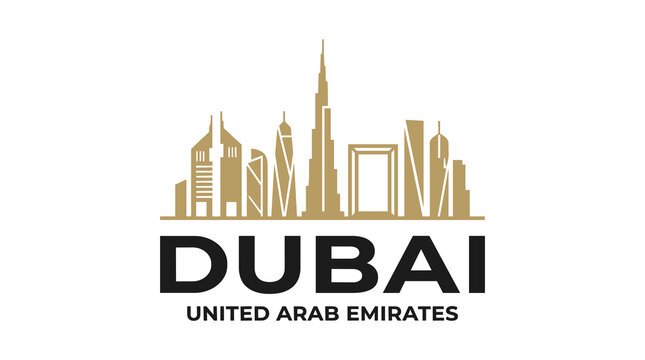 Luxury Dubai United Arab Emirates Skyline Logo with Golden Modern Skyscraper Vector Illustration