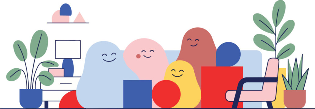Abstract vector illustration of stylized people with geometric shapes and foliage