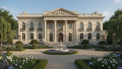 Fototapeta premium Classical mansion features grand stone columns and a symmetrical facade with a fountain located in a meticulously landscaped garden setting