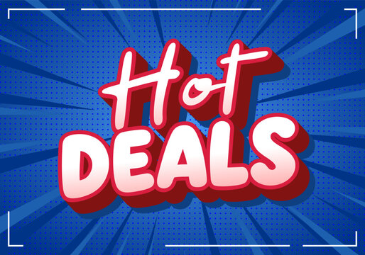 Comic style promotional banner with bold white and red hot deals text on blue halftone burst background, framed by corner crop marks ideal for sales, discounts