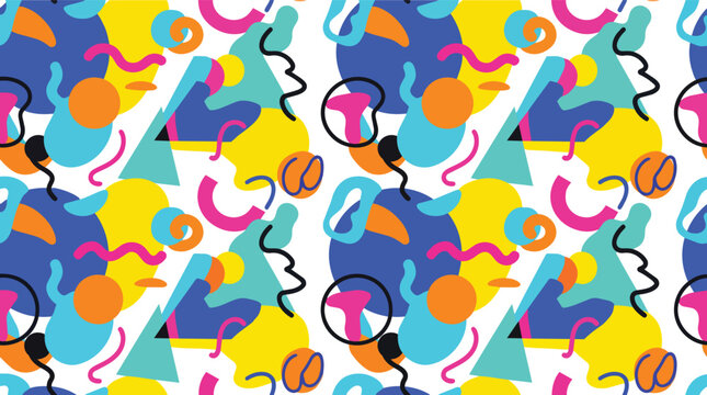 Vibrant geometric seamless pattern with abstract shapes and bright colors