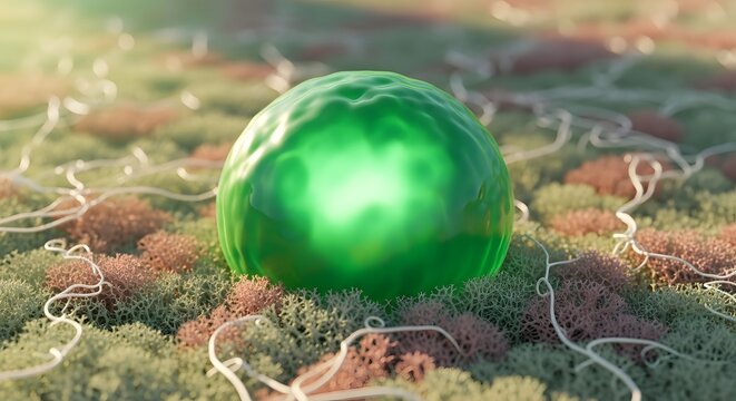A glowing green spherical cell floating above a microscopic textured landscape of biological structures and cellular filaments
