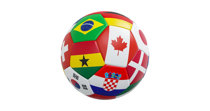 Soccer ball with flags of different countries on white background close-up