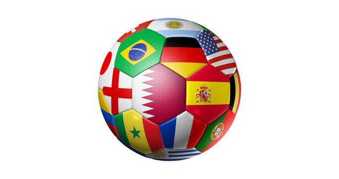 Soccer ball with flags of different countries on white background