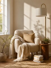 Cozy reading corner with armchair blanket and warm sunlight