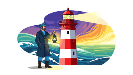 Keeper of the Light: A solitary lighthouse keeper stands by a striking red and white striped lighthouse, holding an old-fashioned lantern. © hasnat