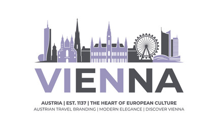 Obraz premium Vector 2D Flat Illustration of Vienna City Skyline Logo with Ferris Wheel and Landmarks – Modern Travel and Tourism Branding for Austria