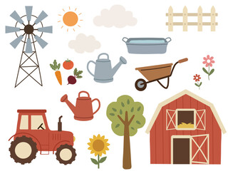 Obraz premium Red barn house, agricultural tractor, and vintage windmill sticker sheet with gardening tools, fresh vegetables, sunflower, and wooden fence isolated on white background,