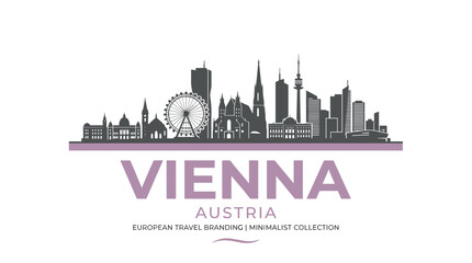 Obraz premium Minimal Gray Vienna Skyline Illustration with Elegant Lavender Typography and Modern Urban Landmark Silhouettes