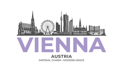 Obraz premium Minimal Gray Vienna Skyline Illustration with Modern Urban Landmarks and Lavender Travel Typography