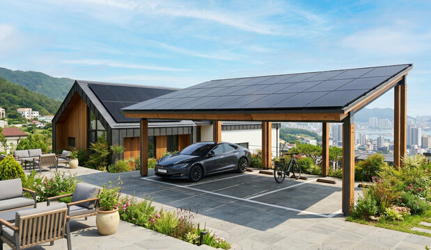 Modern solar panel parking canopy with electric car parked in sustainable home garden