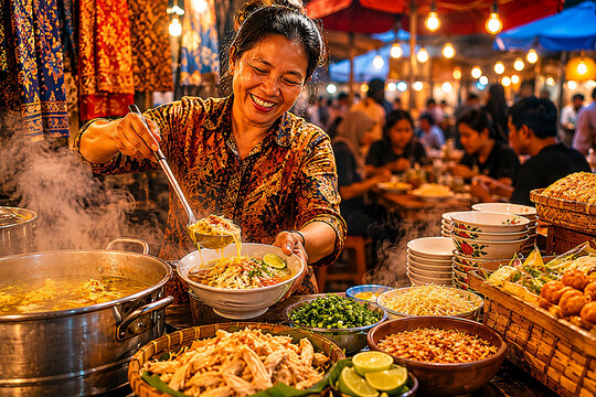 Authentic Indonesian Street Food Soto Ayam at Traditional Night Market