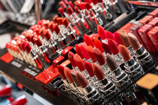 A Dior branded stand with a large selection of lipsticks. The Rouge Dior features the legendary and iconic lipstick line from French fashion house Christian Dior. Minsk, Belarus - March 31, 2025