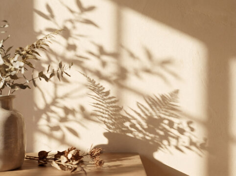 Softly Lit Still Life Casting Shadows From Delicate Leaves On A Warm Neutral Background.