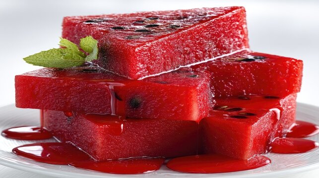 Stack of watermelon slices with juice dripping on a white background showcasing vibrant colors and rich detail