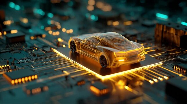 Futuristic sports car wireframe on digital motherboard chip simulation (AI Generated)