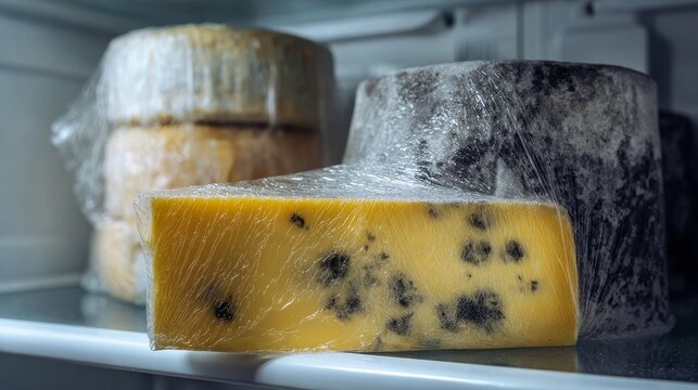 Moldy cheese wrapped in cling film stored inside refrigerator showing spoiled dairy food, expired product, incorrect storage, contamination risk and household food waste concept