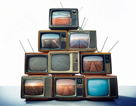 a stack of old televisions displaying different scenes