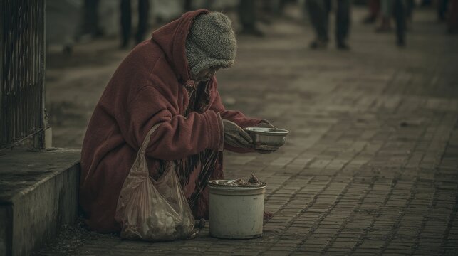Homeless panhandler holding empty bowl during economic crisis symbolizing unemployment, hunger, poverty, food shortage, war consequences, social inequality and humanitarian disaster