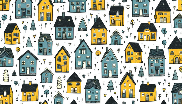 cute doodle houses seamless vector pattern background