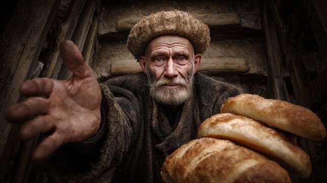 Homeless panhandler holding empty bowl during economic crisis symbolizing unemployment, hunger, poverty, food shortage, war consequences, social inequality and humanitarian disaster